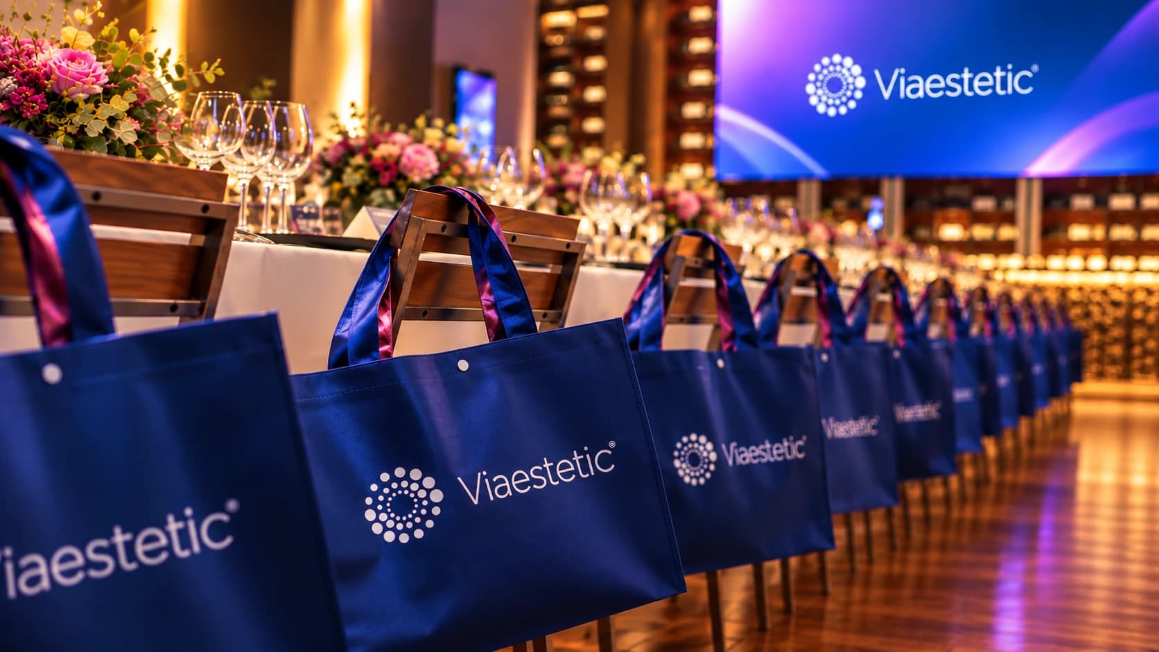 Fileira de sacolas personalizadas da Viaestetic sobre as cadeiras, com telão de marca e decoração de flores ao fundo, preparadas para uma edição do Jantar Científico